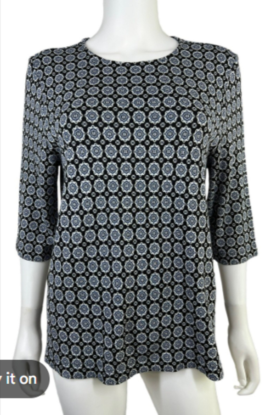 J. Jill Wearever Top Womens S 4-8 Black Blue Geometric Medallion Knit Pullover